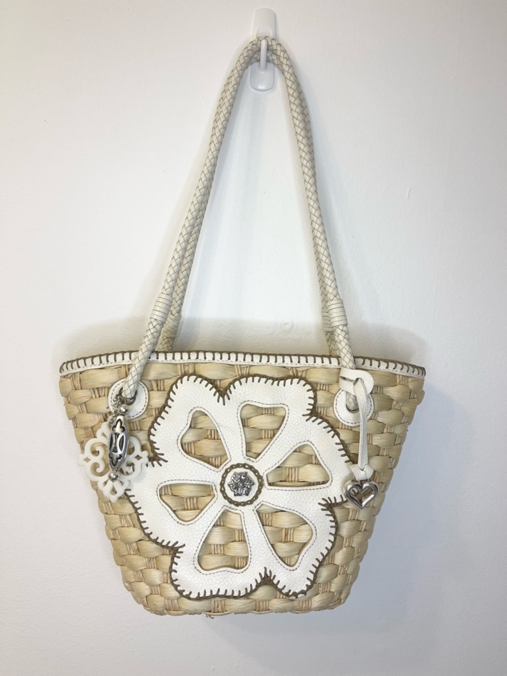 Brighton Woven Straw Tote with White Flower Accent EUC